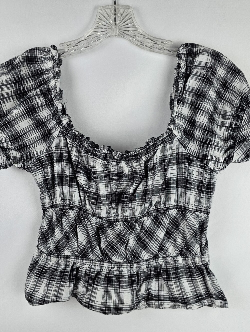 Sim & Sam Plaid Milkmaid Puffer Sleeve Crop Top Sm Cottagecore Boho